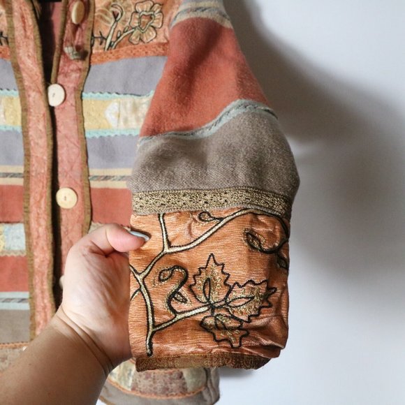 Vintage Flashback Boho Patchwork Tapestry Button Jacket Floral Striped Cotton - Picture 6 of 8